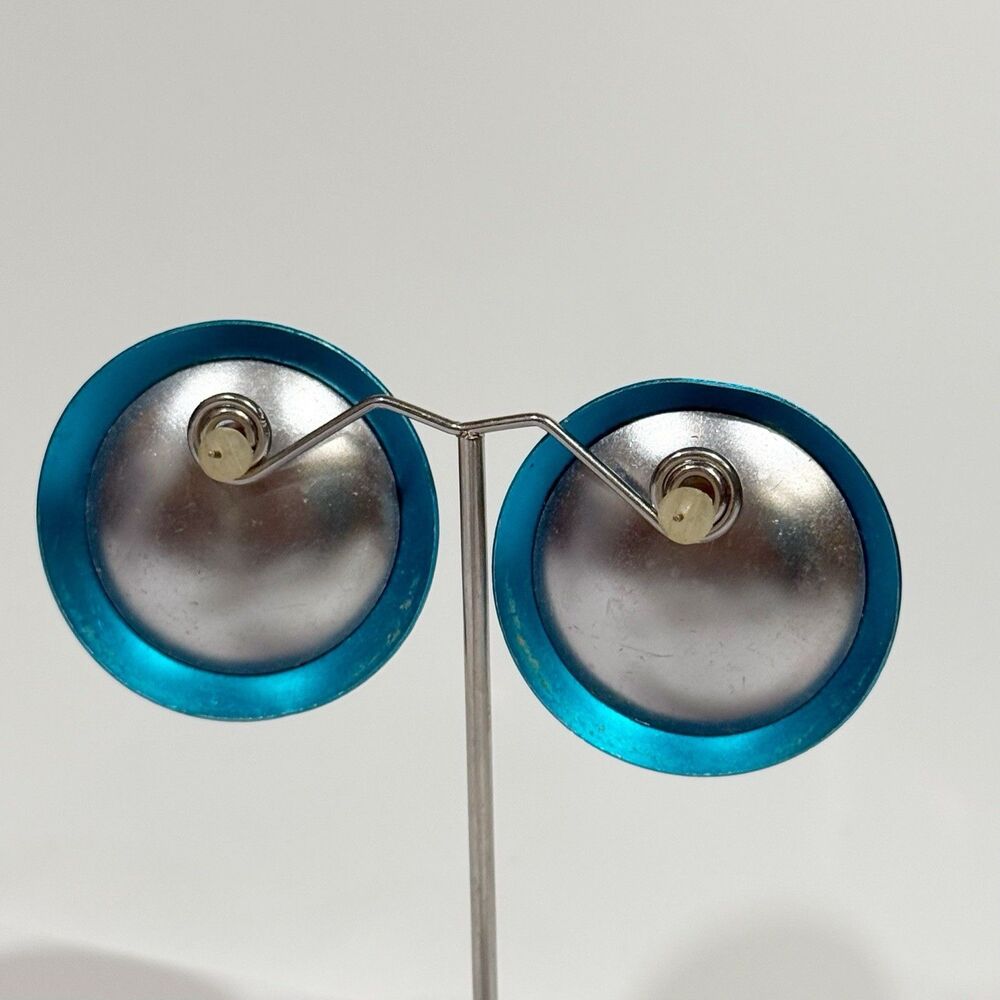 Vintage Large Blue Disc Earrings Statement Round Retro Clip On Bold Mod - Picture 6 of 11